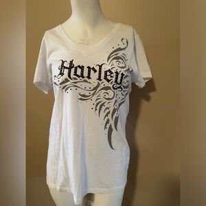 White V-Neck Women’s Harley Davidson Short Sleeve Shirt Size Large